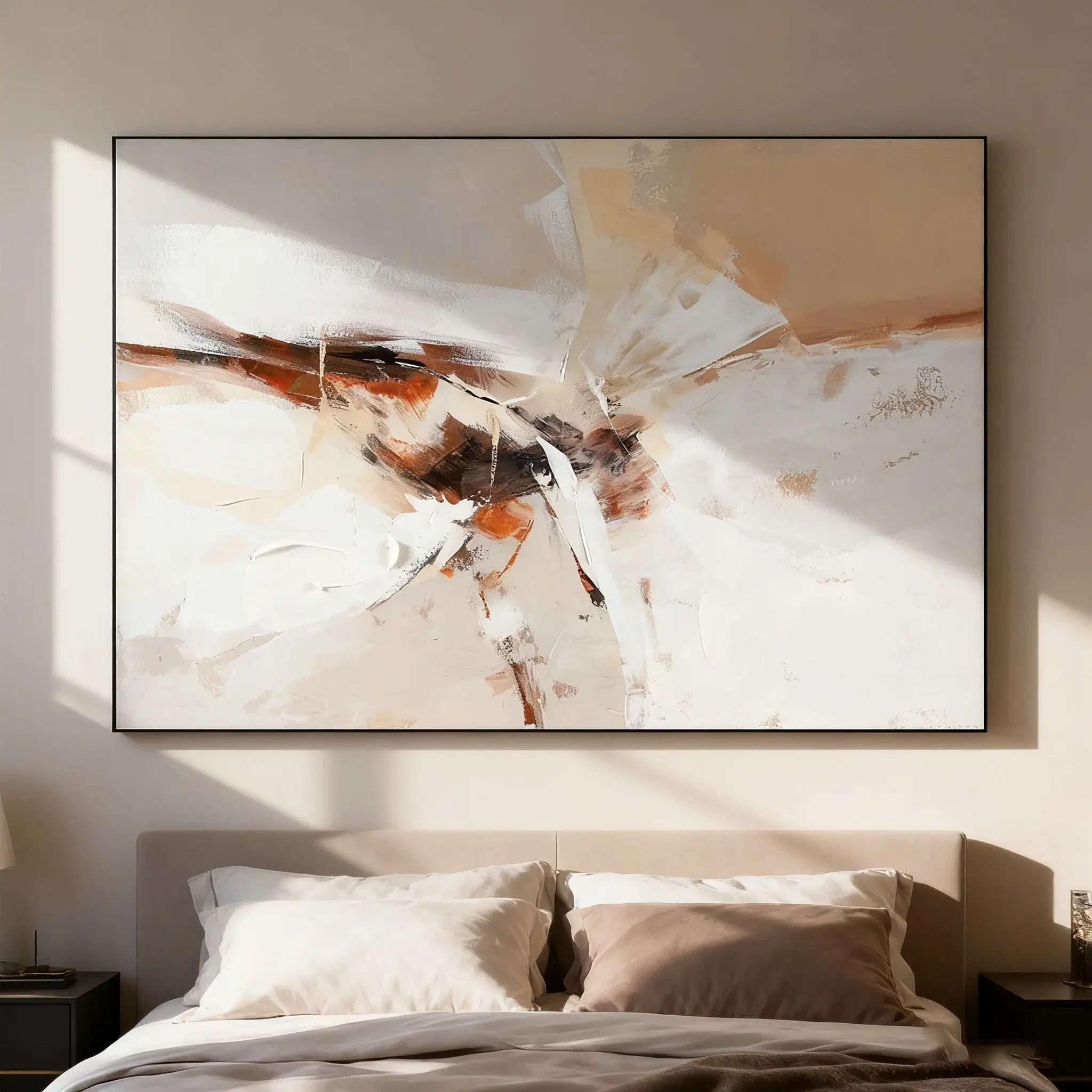 Abstract painting on a wall above a bed in a bedroom