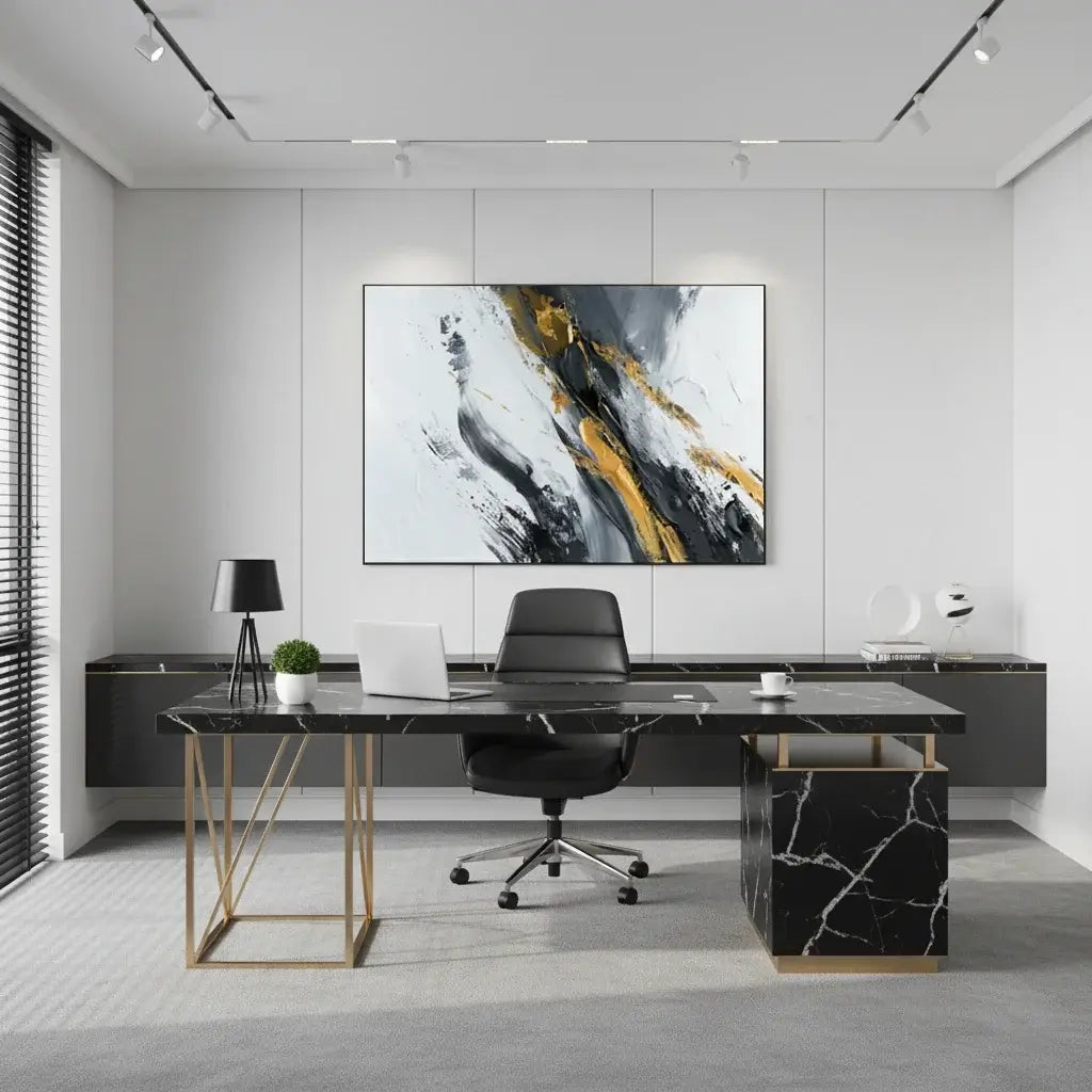 Modern office setup with a black marble desk, chair, and abstract art on the wall.
