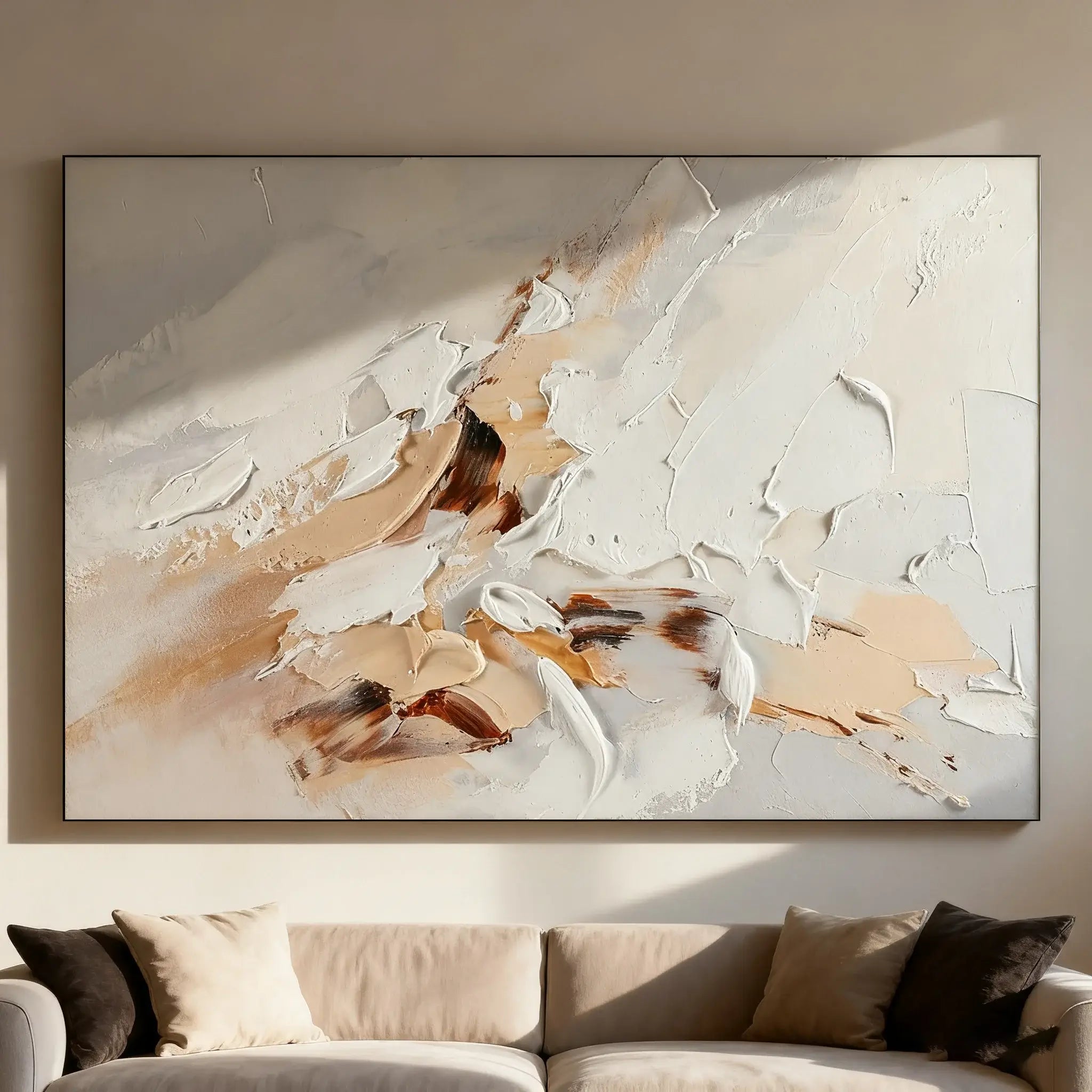 Abstract painting in a neutral-toned room with a sofa