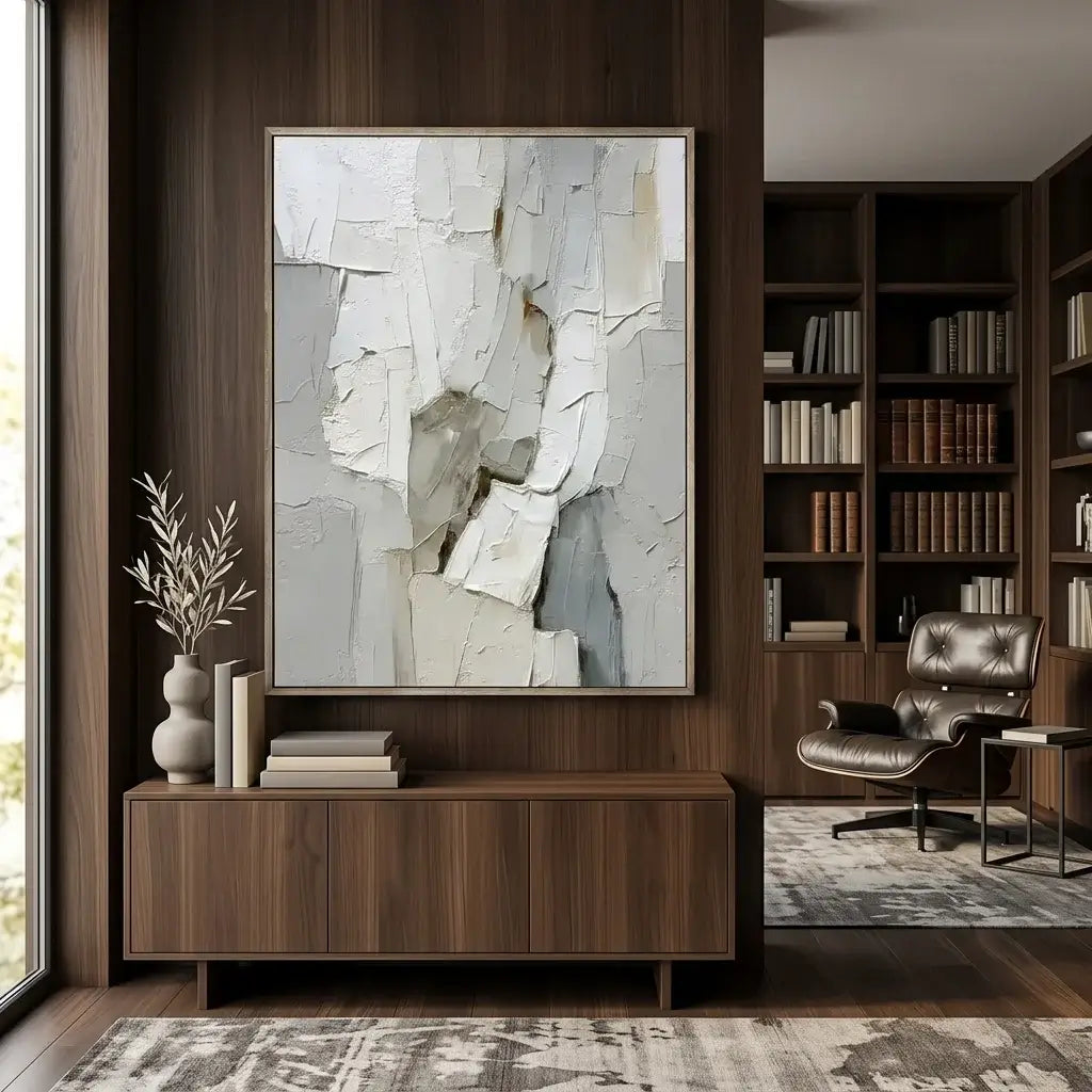 Modern interior with abstract art, bookshelf, and chair.