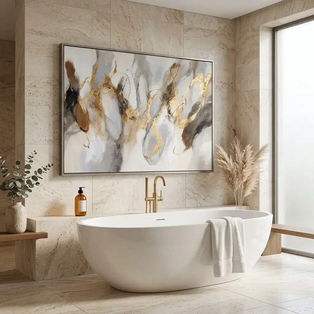 Modern bathroom with a freestanding bathtub, abstract art, and decorative elements.