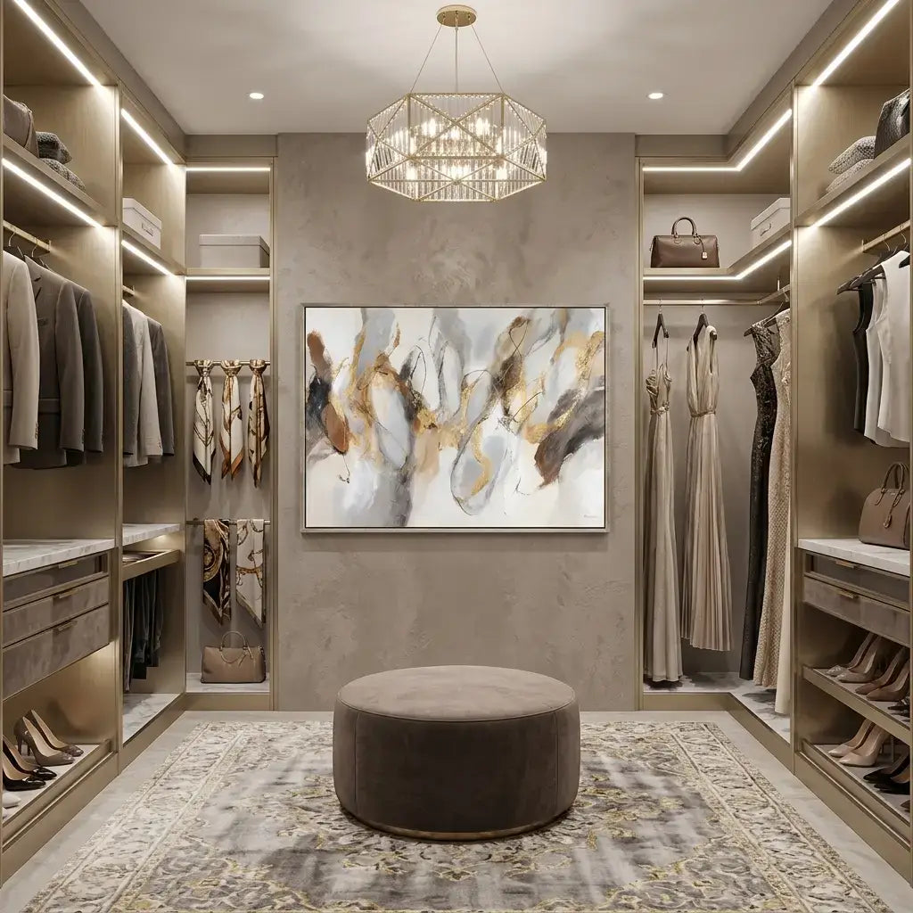 Modern walk-in closet with clothing, shoes, and a abstract painting on the wall.