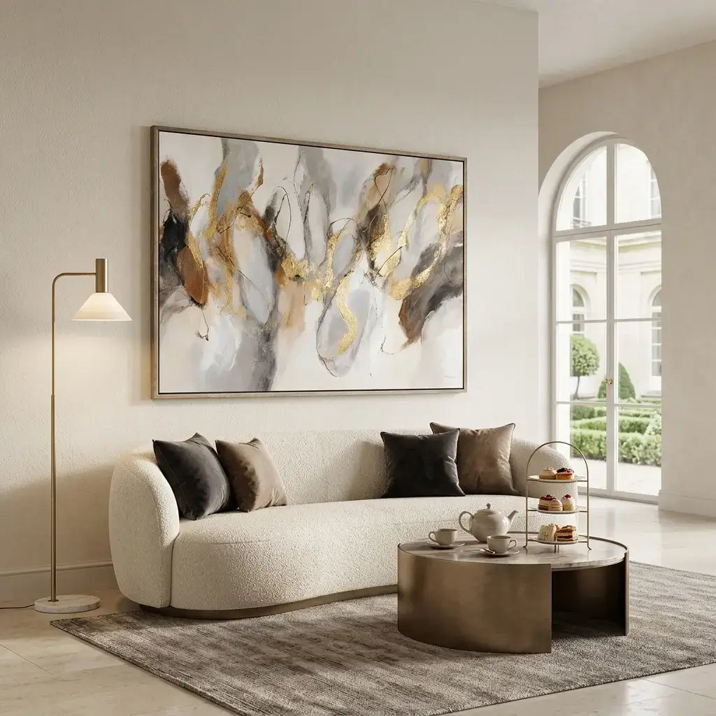 Modern living room with a curved beige sofa, abstract painting, and decorative items.