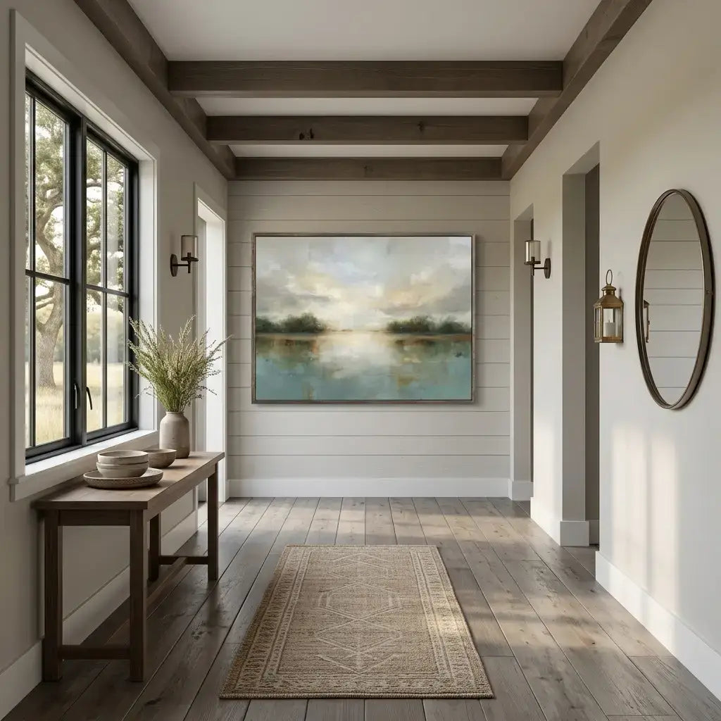 Modern hallway with a painting of a landscape on the wall, wooden bench, and round mirror.