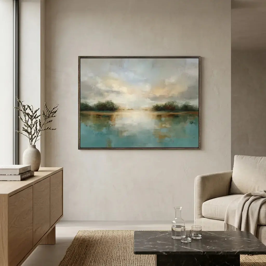 Living room with a large framed landscape painting on the wall, a sofa, coffee table, and decorative items.