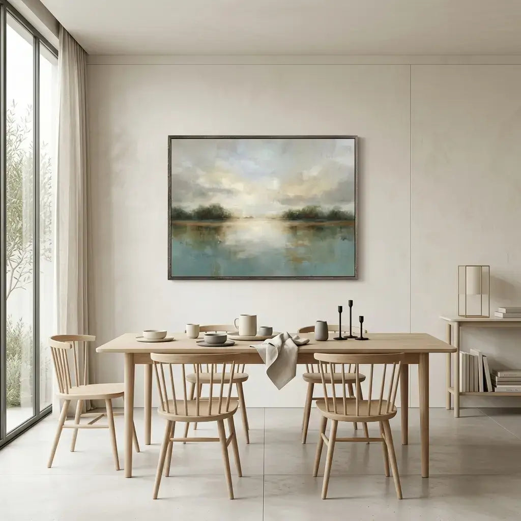 Dining room with wooden table and chairs, featuring a large landscape painting on the wall.