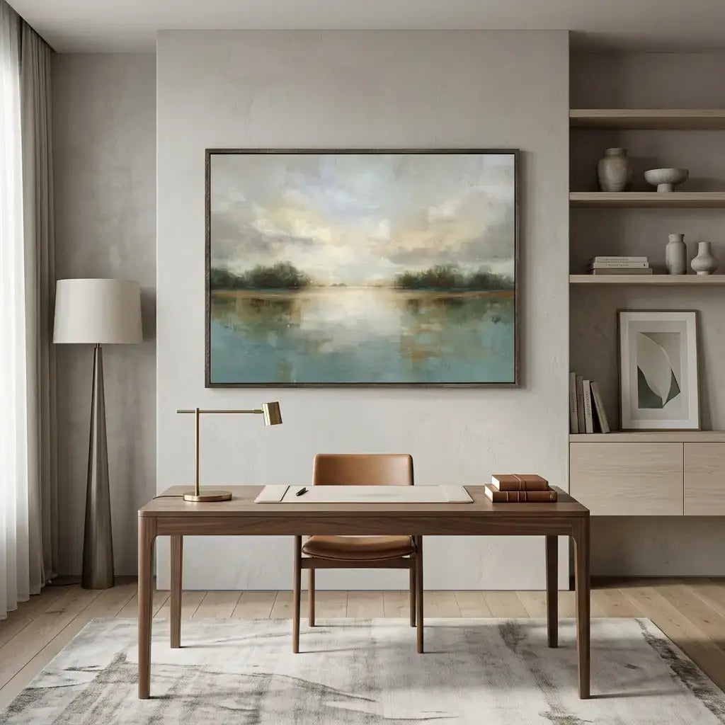 Modern home office with wooden desk, chair, and wall art