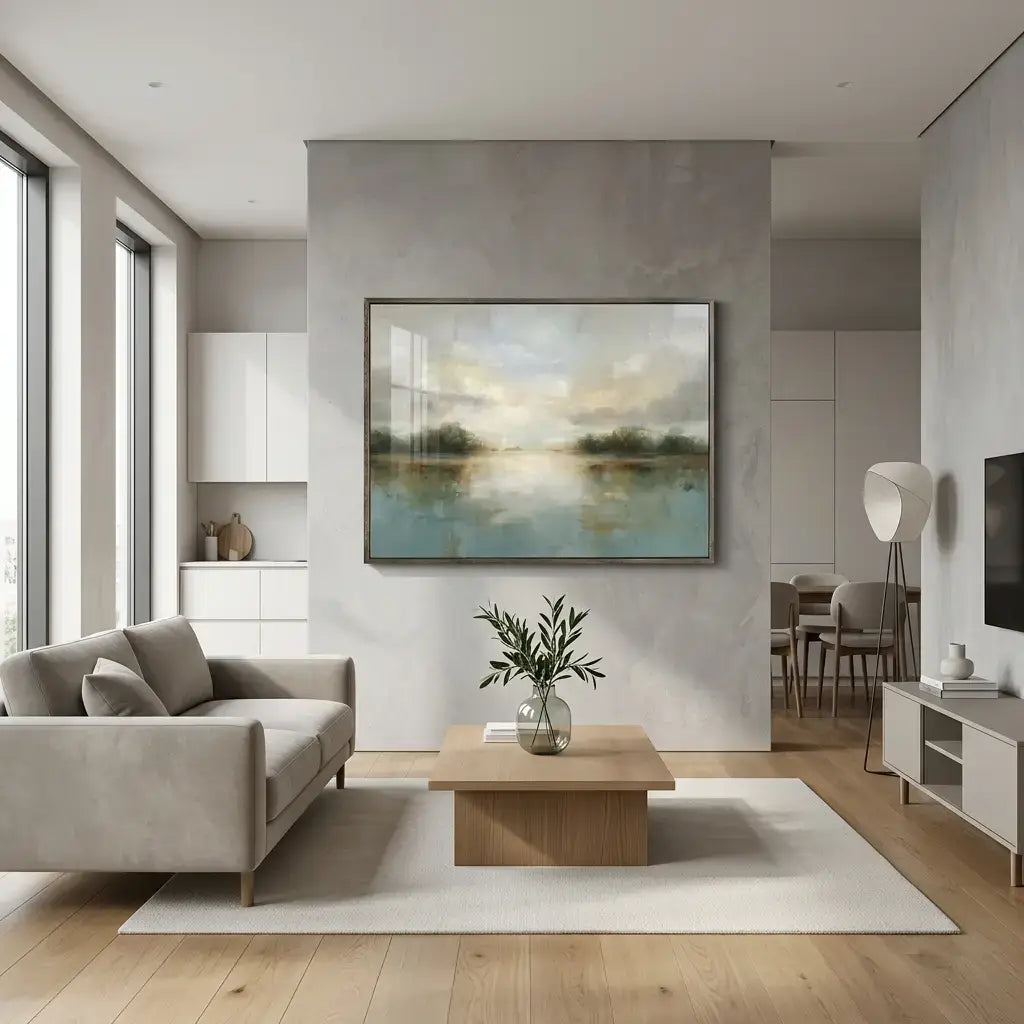Modern living room with a gray sofa, wooden coffee table, and a painting on the wall.