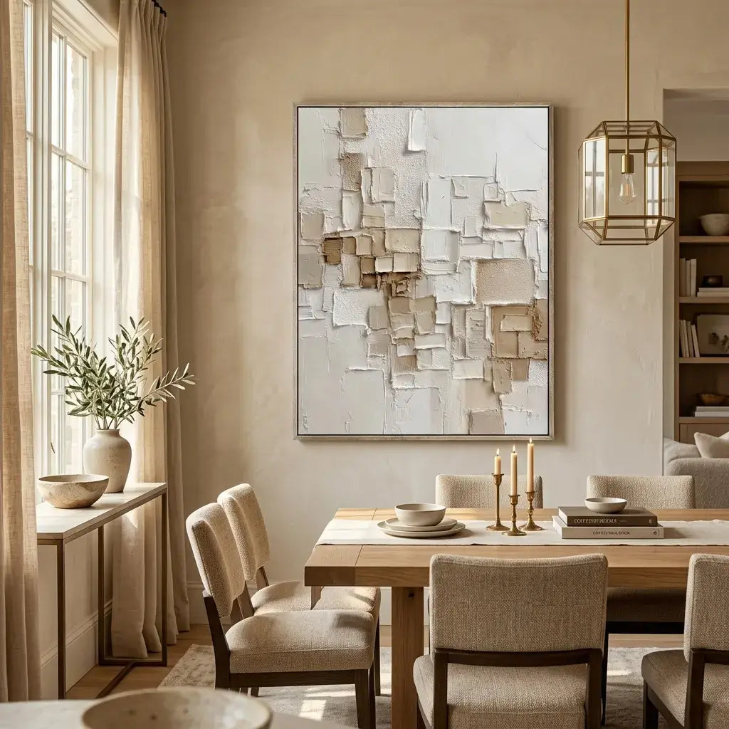Dining room with a wooden table, chairs, and abstract wall art.