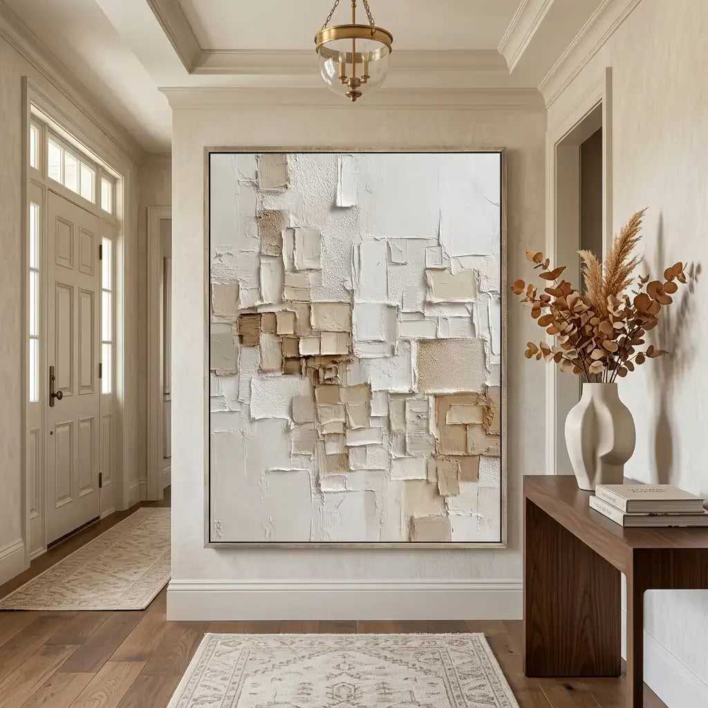 Modern interior with abstract wall art and decorative elements