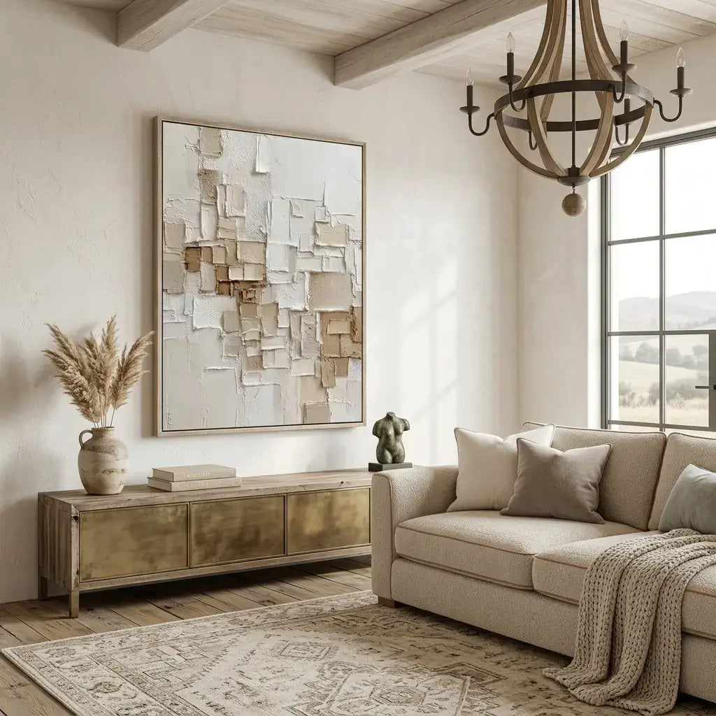 Living room with beige sofa, wooden sideboard, and abstract wall art.