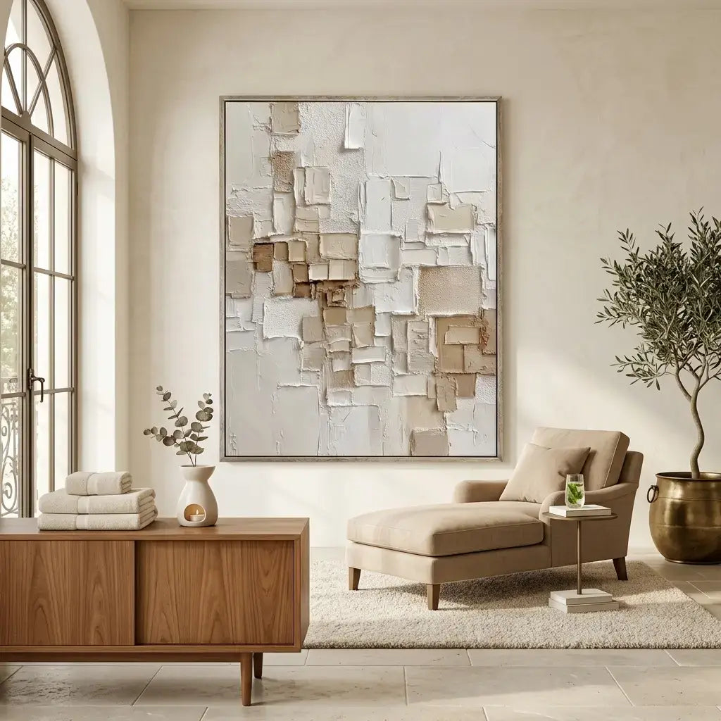 Modern living room with a chaise lounge, wooden cabinet, and abstract wall art.