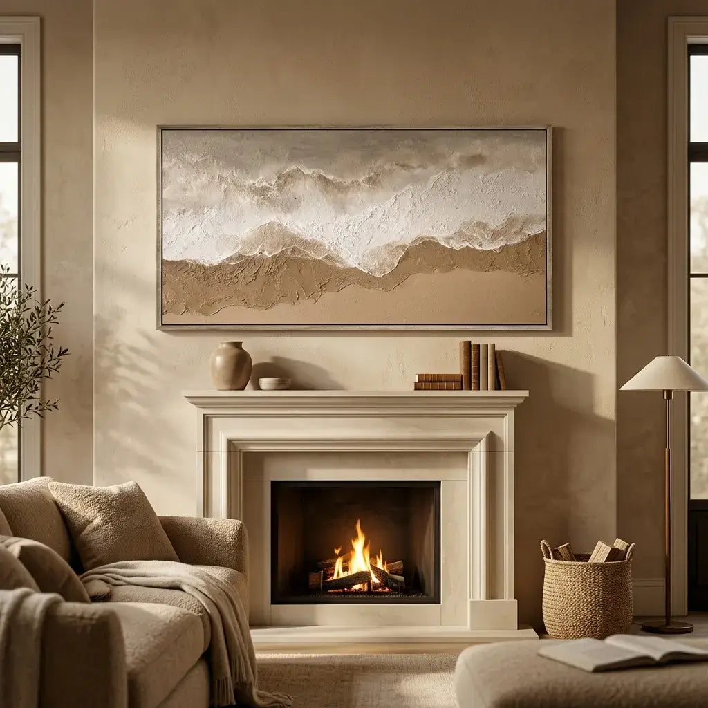 Cozy living room with a fireplace, sofa, and decorative items.