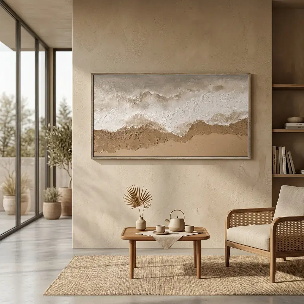 Modern living room with a large abstract painting, wooden coffee table, and wicker chair.