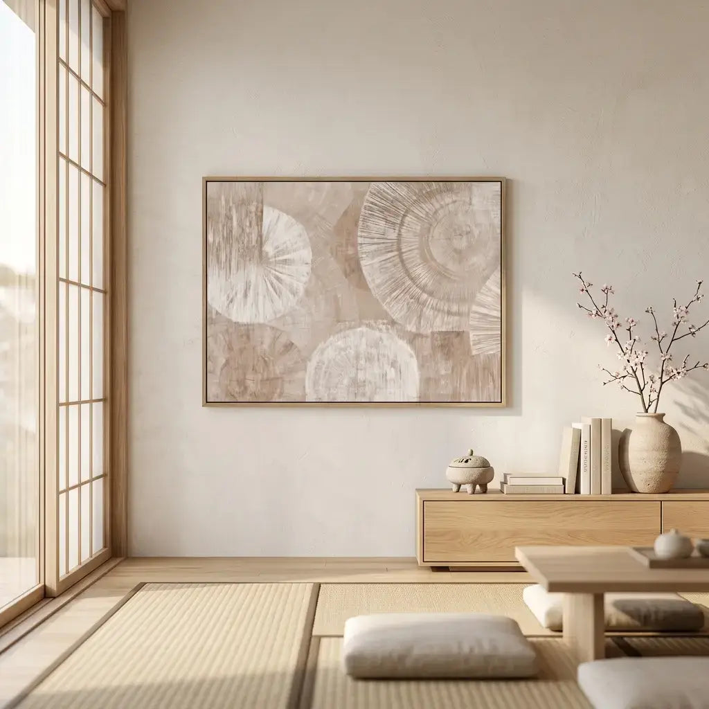 Modern interior design with abstract wall art, wooden furniture, and decorative items.