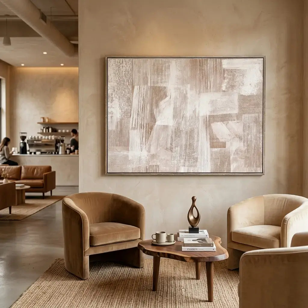 Modern living room with brown armchairs, a coffee table, and abstract art on the wall.