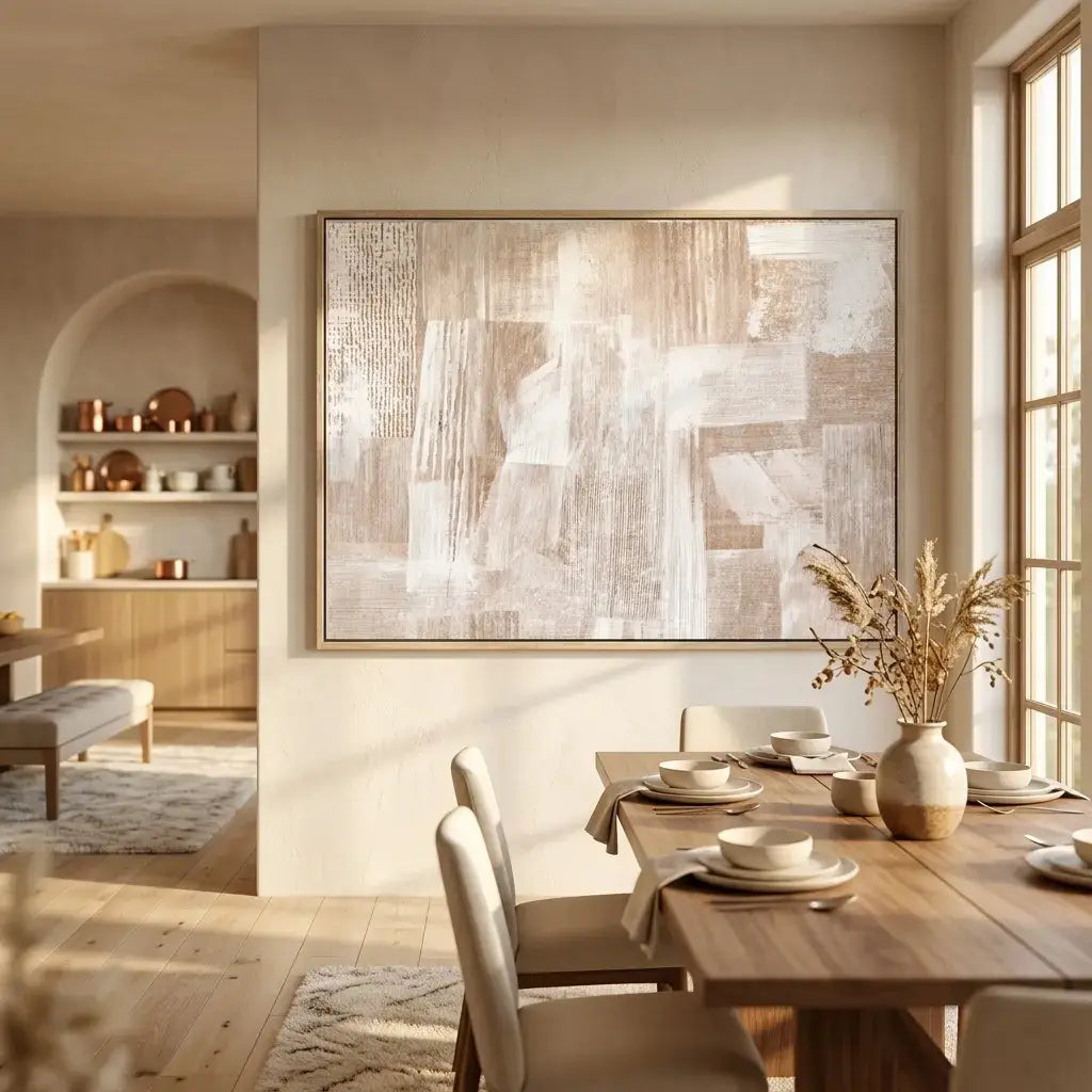 Dining room with a large abstract painting on the wall, wooden table, and chairs.