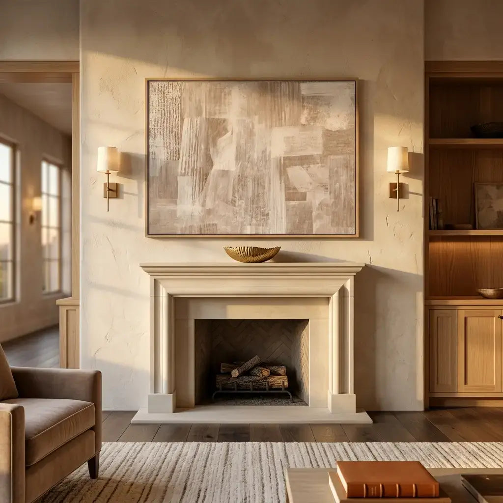 Living room with a fireplace, armchair, and abstract painting on the wall.