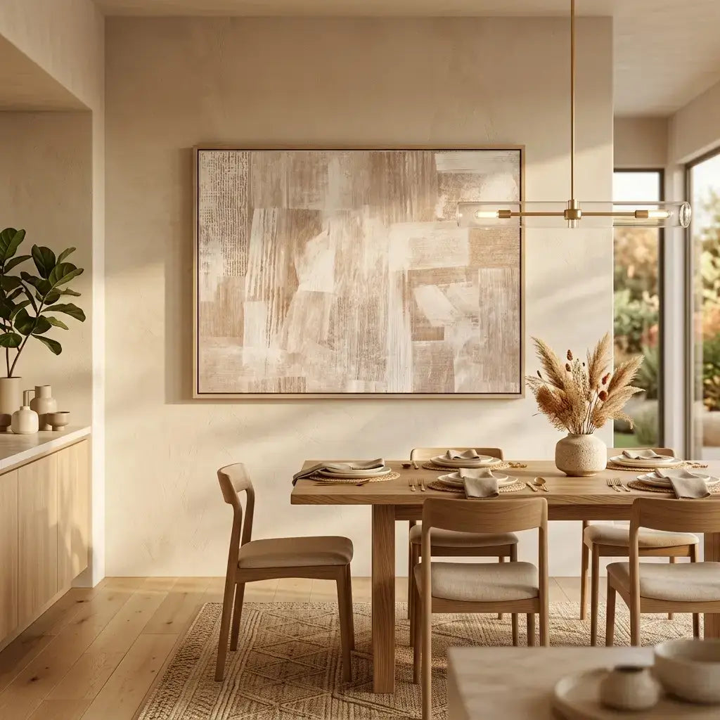 Dining room with wooden table, chairs, and abstract art on the wall.