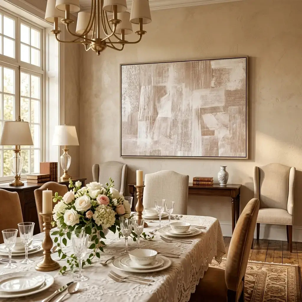 Elegant dining room with a table set for a meal, chairs, and decorative elements.