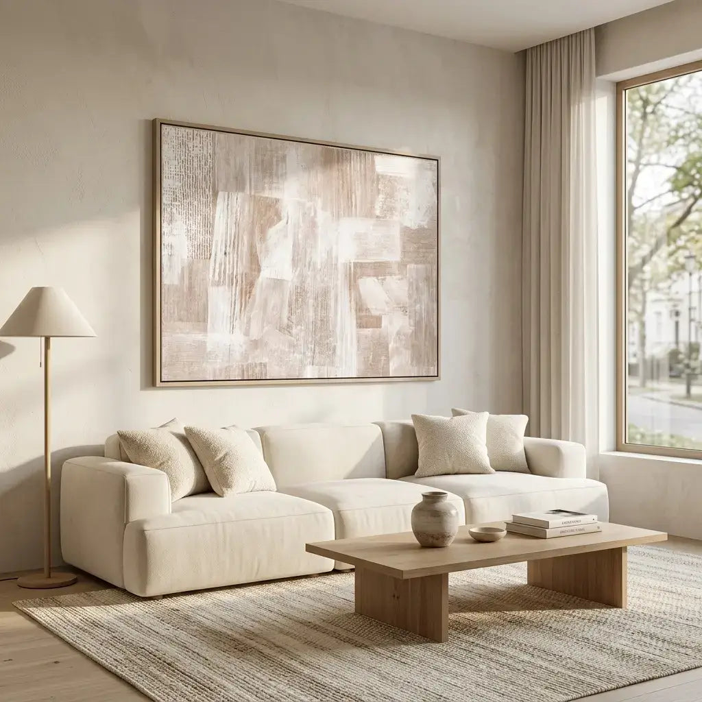 Modern living room with a beige sofa, wooden coffee table, and abstract painting.