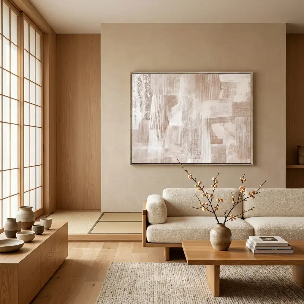 Modern living room with neutral tones, a sofa, coffee table, and abstract art on the wall.