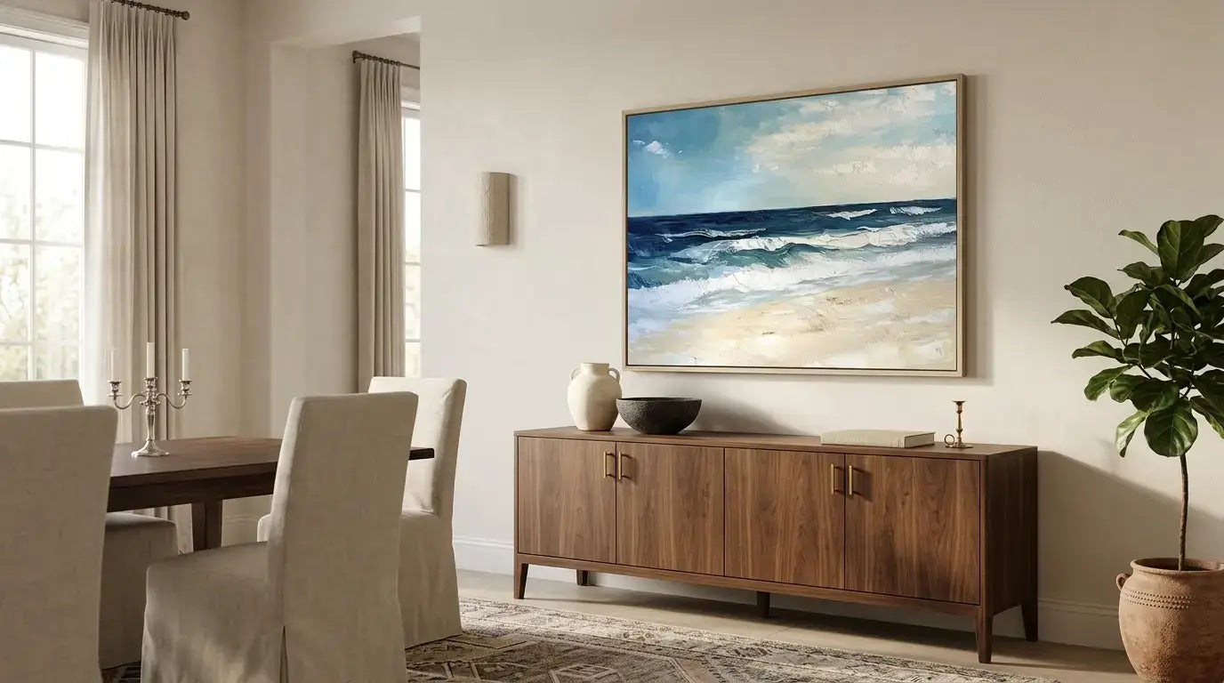 Living room with a large TV displaying a beach scene, wooden cabinet, and dining table.