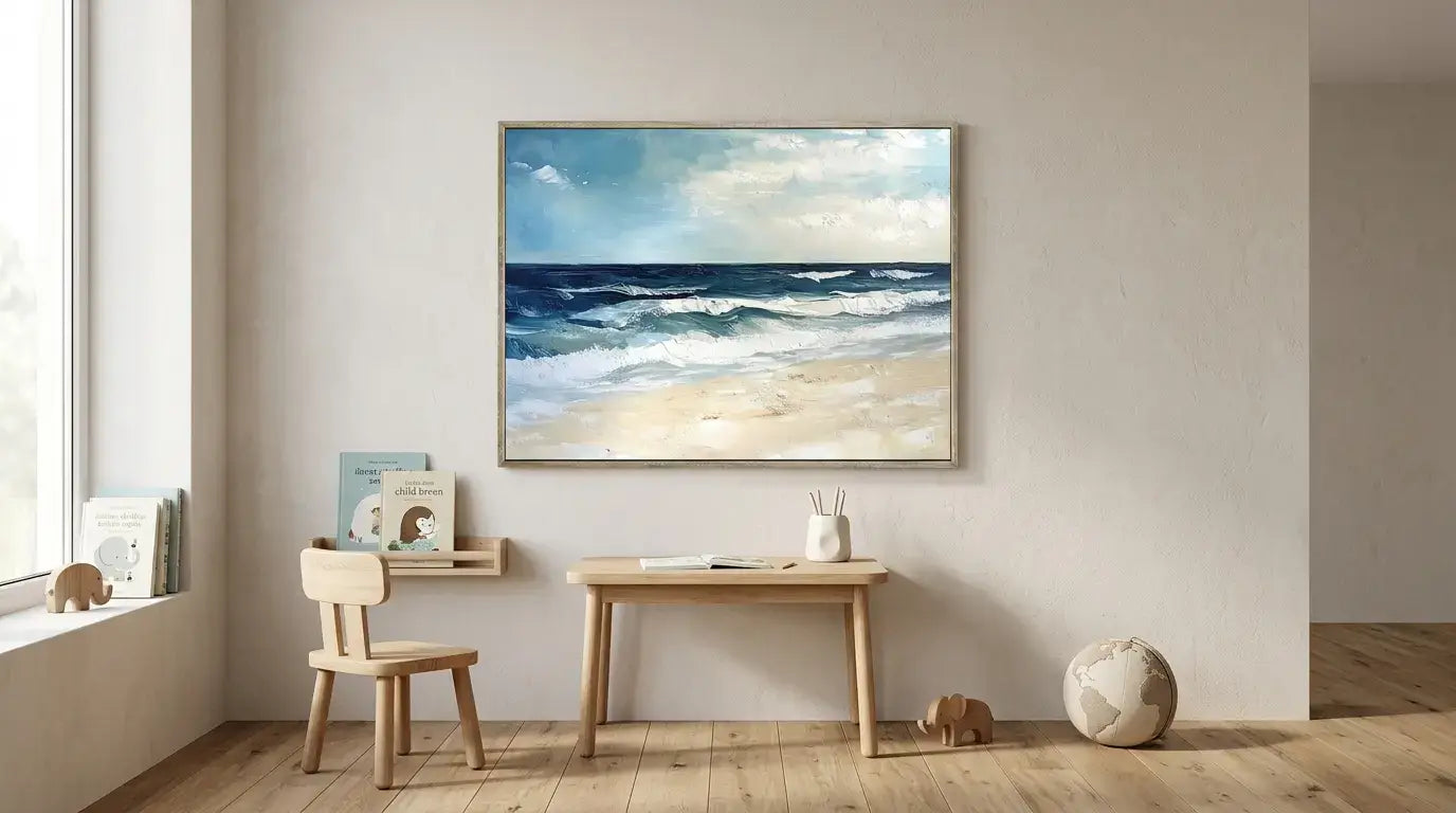 Beach-themed wall art in a room with a desk and chair.