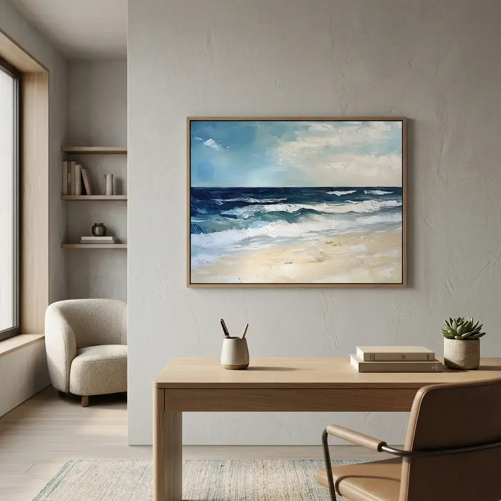 Modern interior with a desk, chair, and wall art of a beach scene.