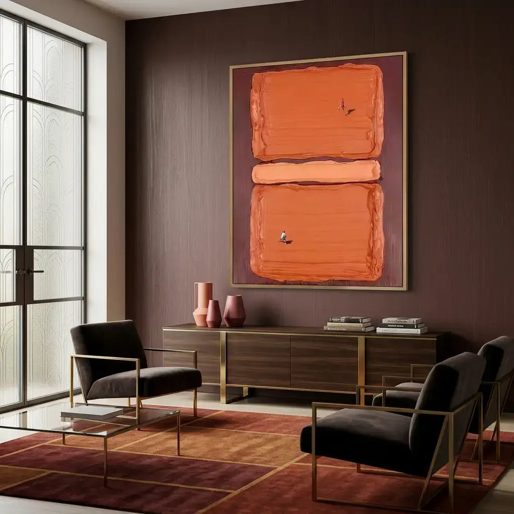 Modern living room with abstract orange artwork on a dark wall
