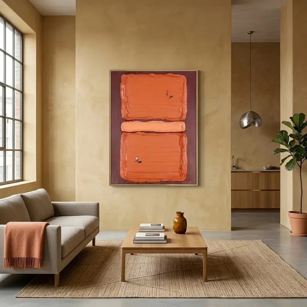 Modern living room with abstract orange artwork on a beige wall