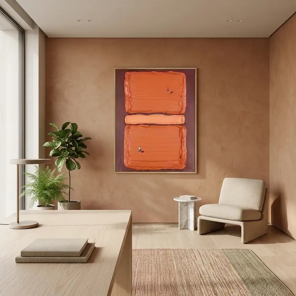Modern interior with a beige wall, abstract orange painting, and a white chair.