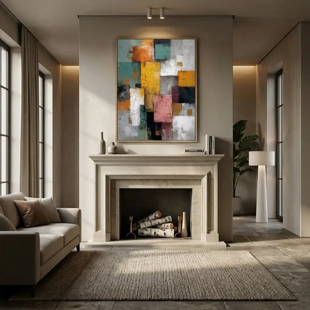 Modern living room with a fireplace, abstract painting, and decor.