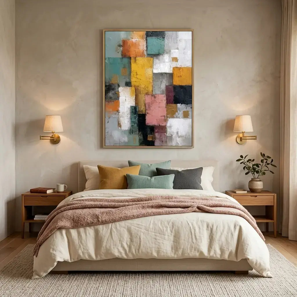 Cozy bedroom with a bed, nightstands, and abstract art on the wall.