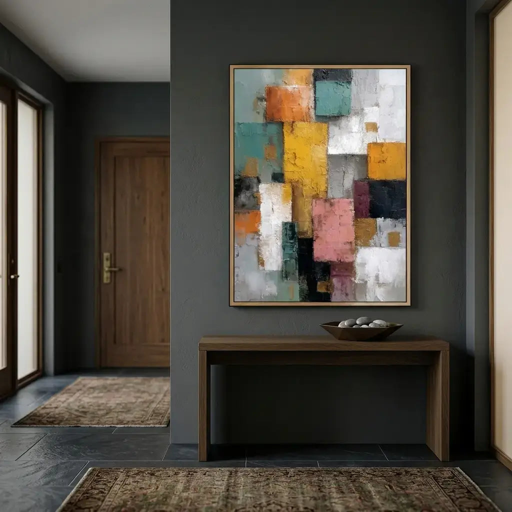 Abstract art piece on a wall in a modern interior setting