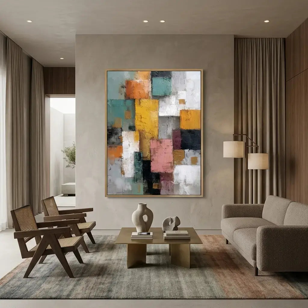 Modern living room with abstract art, furniture, and decor.