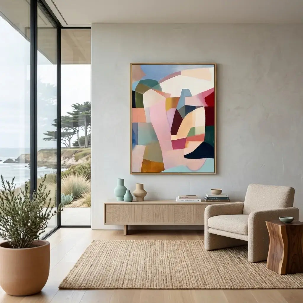 Modern living room with abstract art, furniture, and decor.