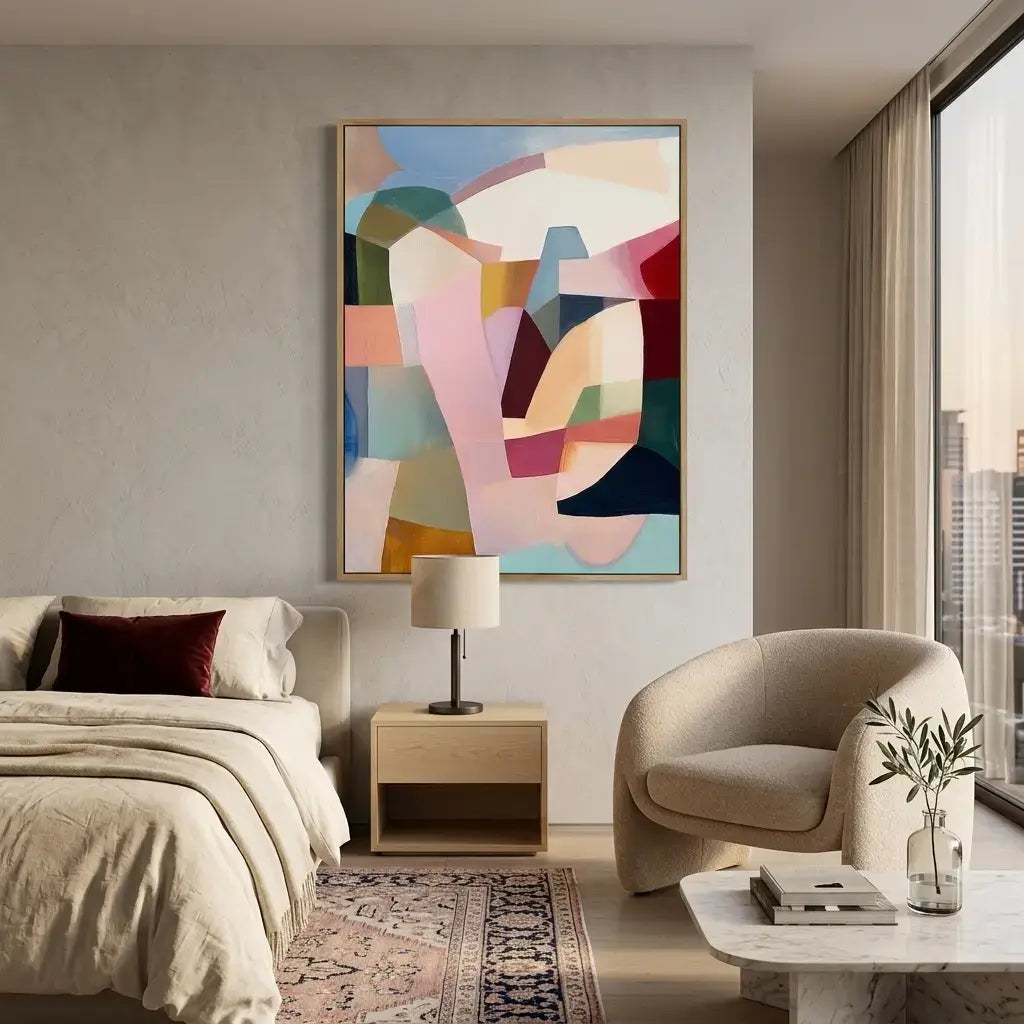 Modern living room with abstract art, chair, and table.