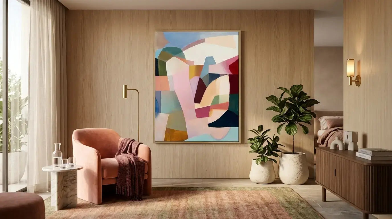 Modern living room with a colorful abstract painting on the wall, pink armchair, and decorative plants.