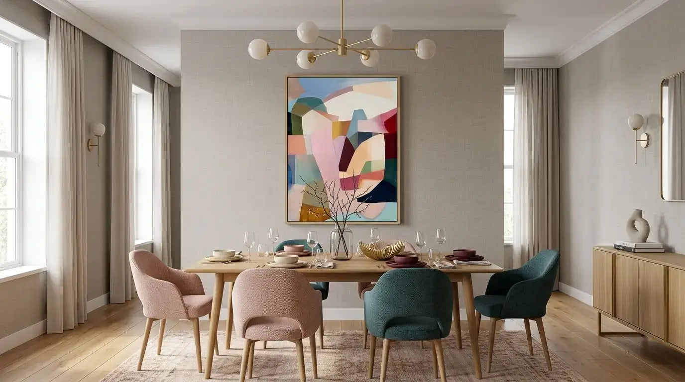 Dining room with a colorful abstract painting on the wall, wooden table, and chairs.