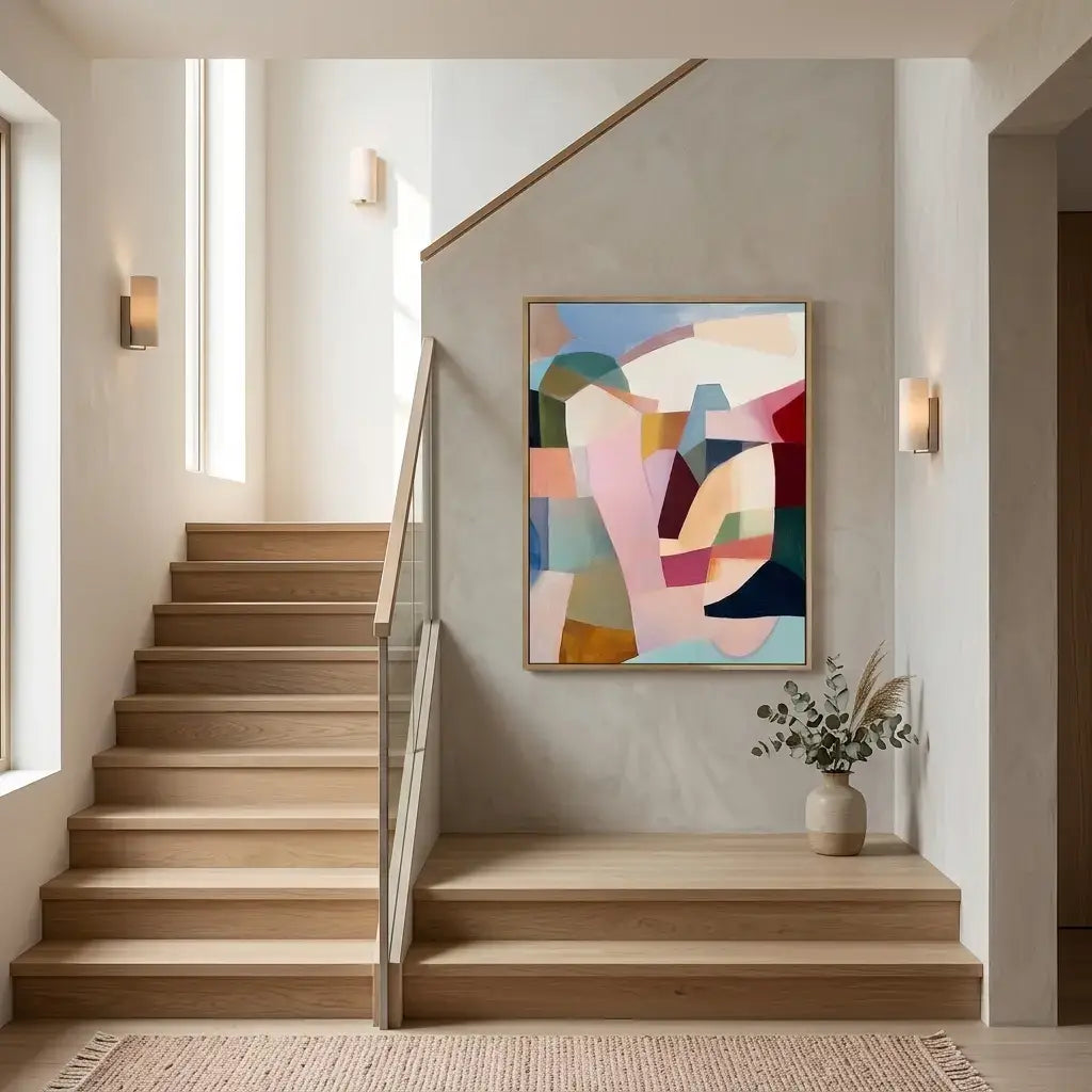 Staircase with a colorful abstract painting on the wall
