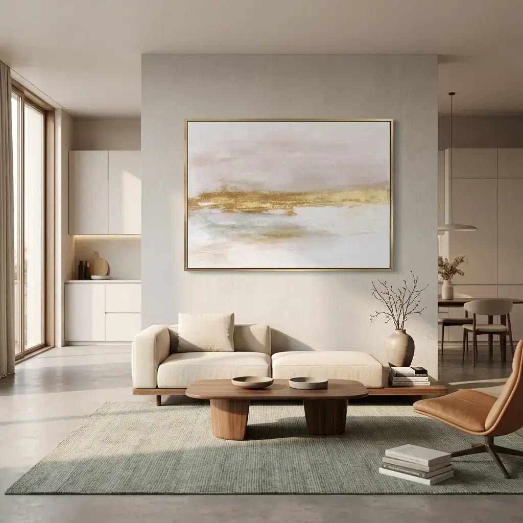 Modern living room with a beige sofa, wooden coffee table, and abstract painting on the wall.