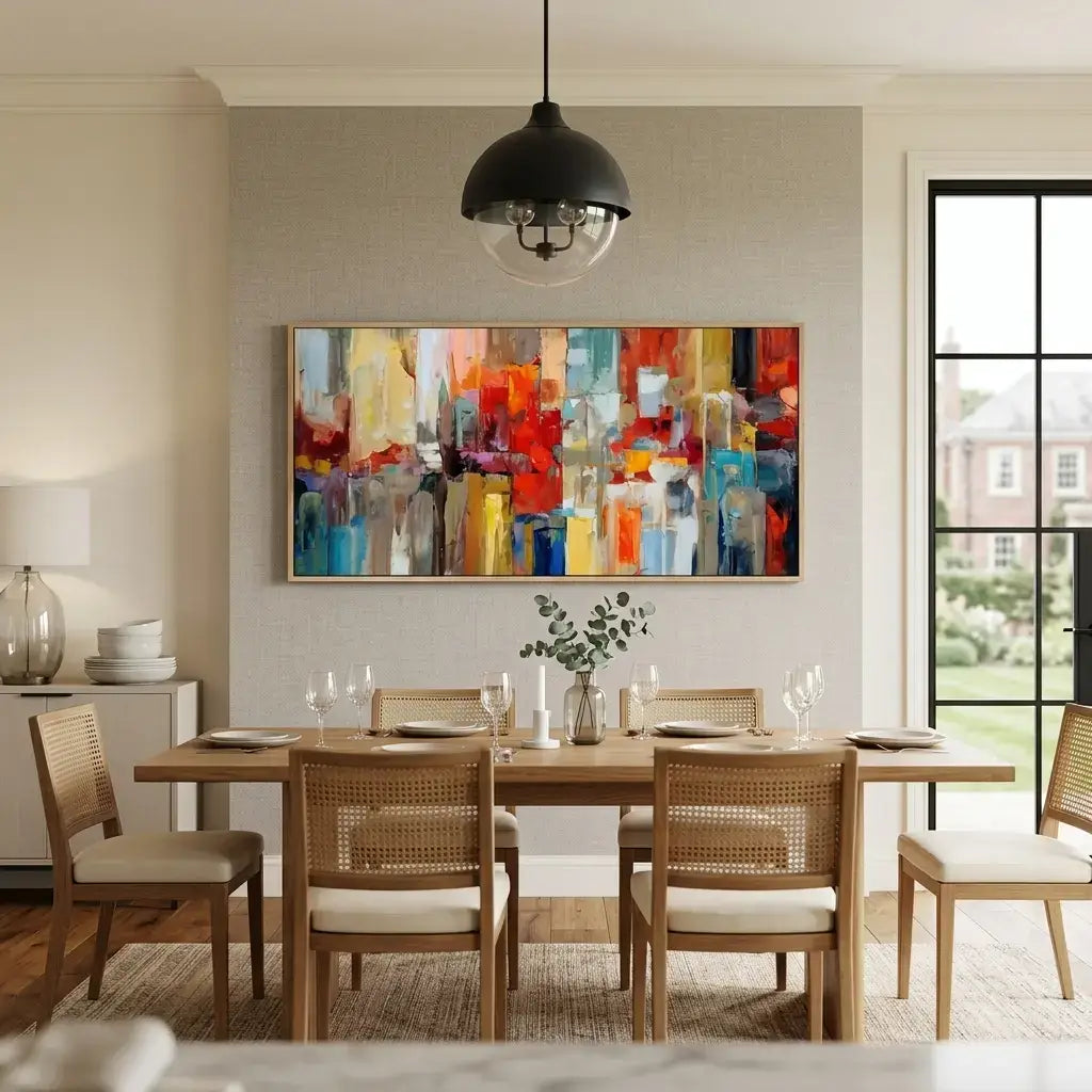 Dining room with a colorful abstract painting on the wall, wooden table, and chairs.