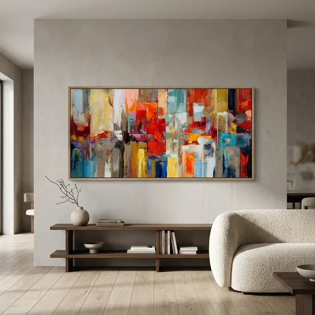 Colorful abstract painting in a modern living room.