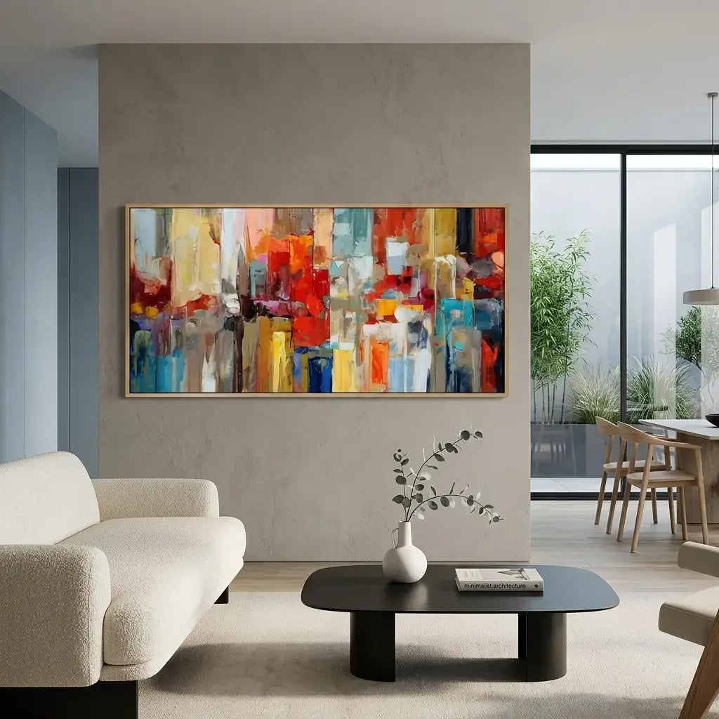 Modern living room with a colorful abstract painting on the wall.