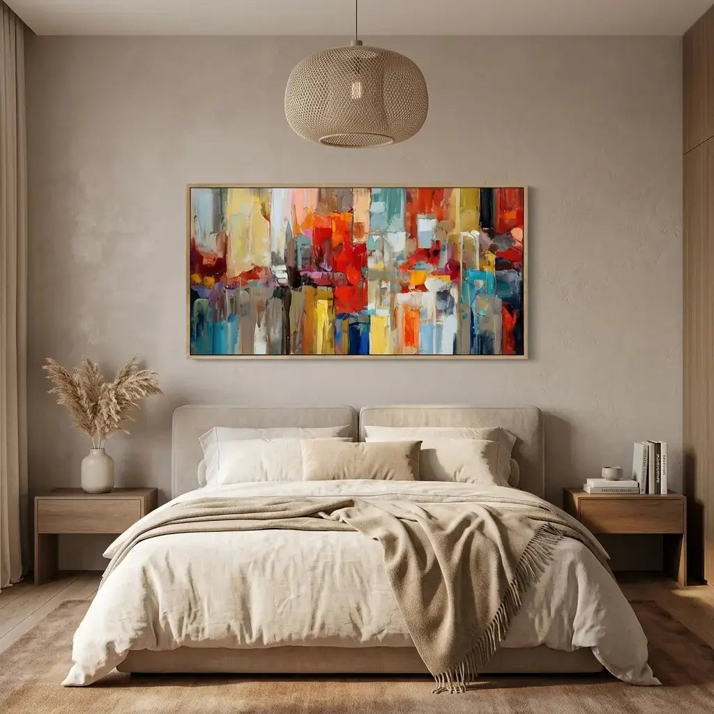 Modern bedroom with a colorful abstract painting above the bed