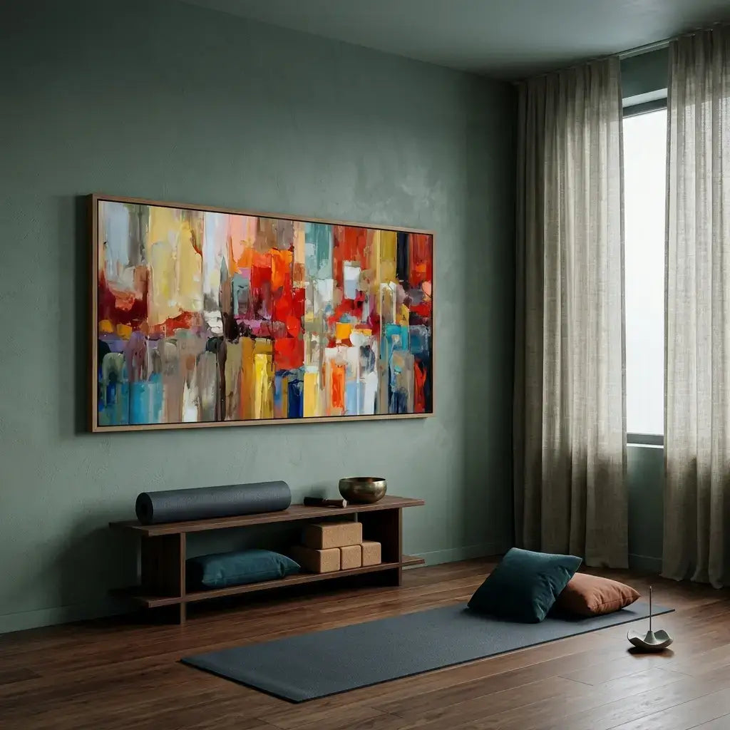 Modern interior with abstract painting on a wall, shelves with decor items, and a yoga mat on the floor.