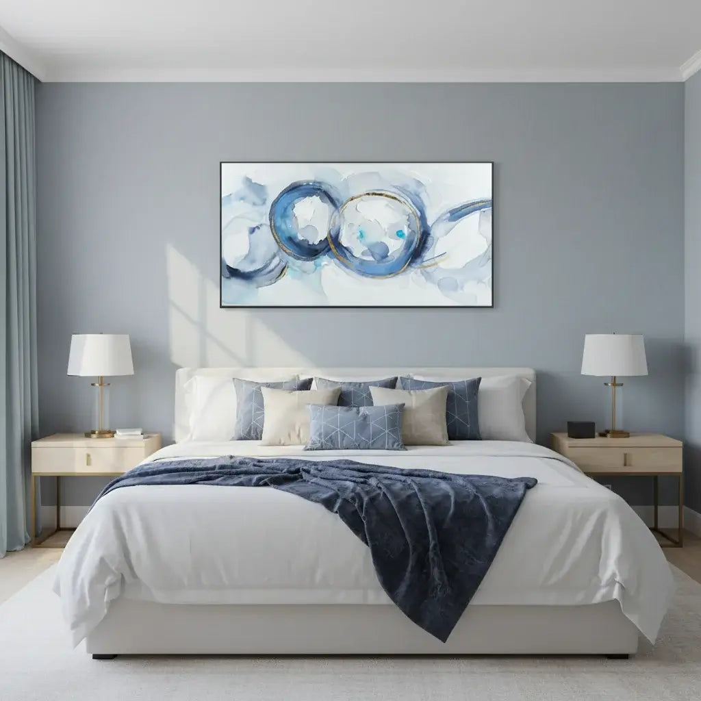 Modern bedroom with a bed, nightstands, and abstract wall art.