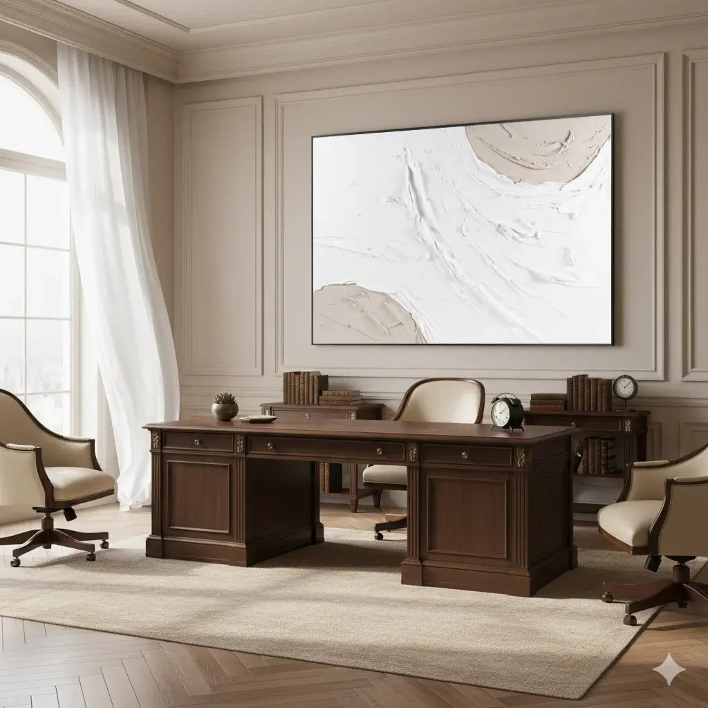 Luxury office interior with a large wooden desk, chairs, and a framed abstract painting on the wall.
