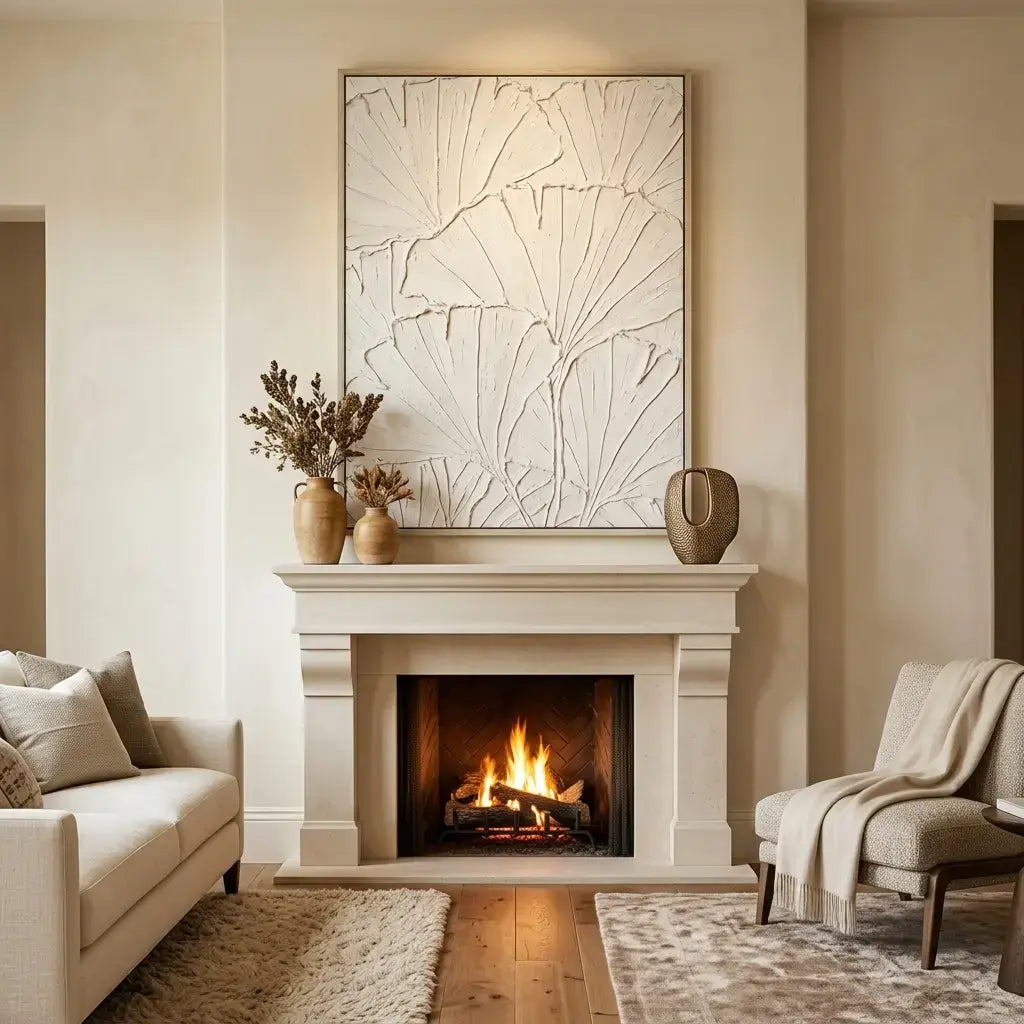 Living room with fireplace, sofa, and abstract artwork